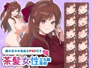 あなたの心を癒す美しさの風！【立ち絵素材】ツンデレな雰囲気の茶髪ハーフアップ女性のイラスト・巨乳/服有り・裸verの2種類/全身差分14種【PSD付き】