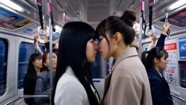あなたの心に触れる美の魔法！【満員電車2】鼻と鼻を押し付け合って睨み合う本妻と愛人。（キスあり）